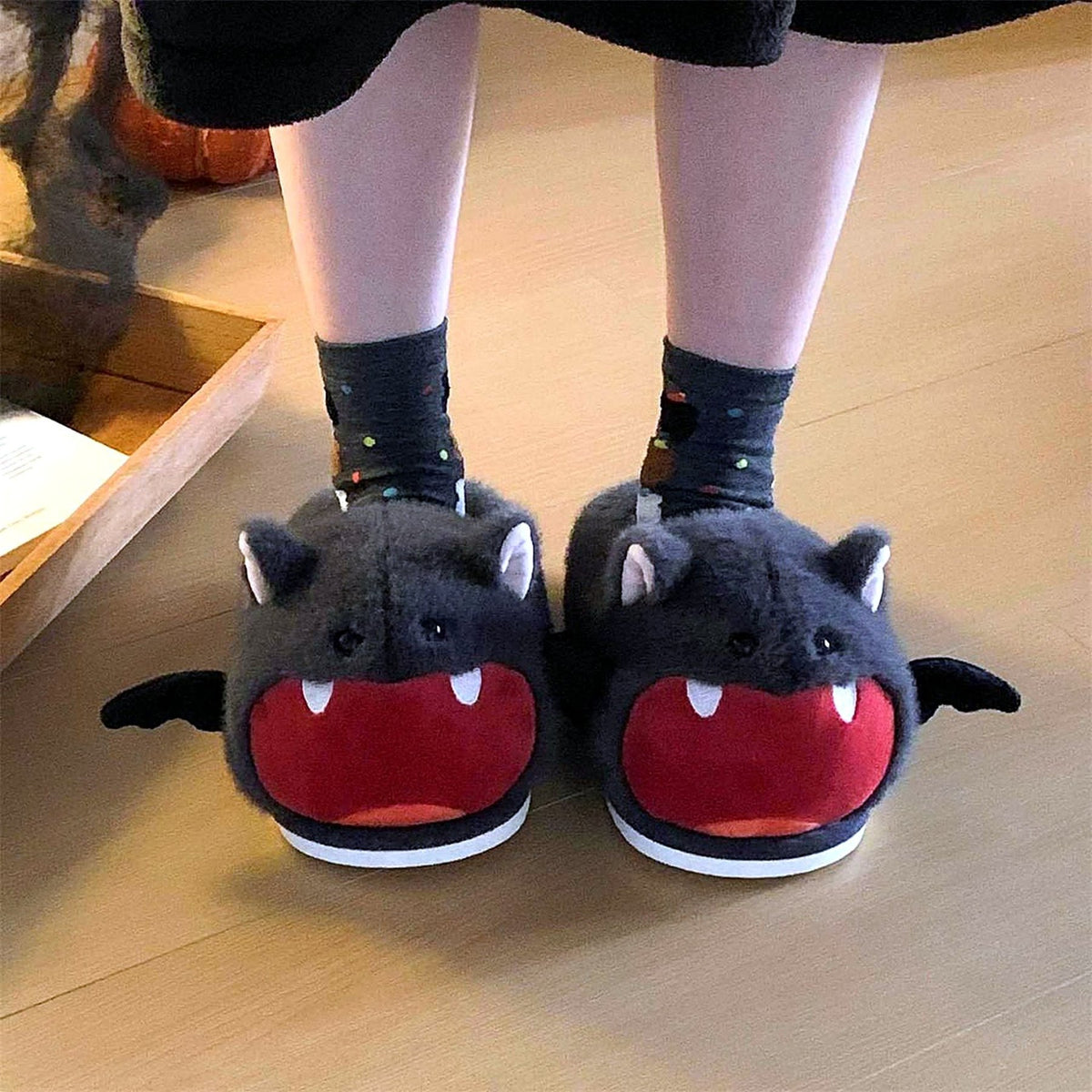 Vampy Bat Fluffy Slippers worn at home