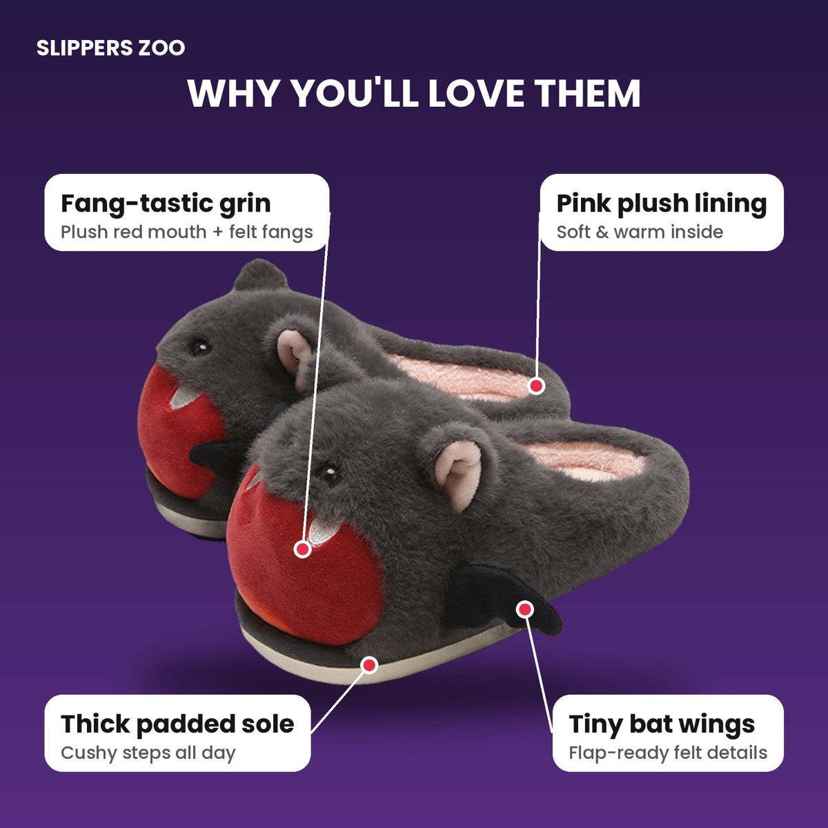 Vampy Bat Fluffy Slippers feature callouts