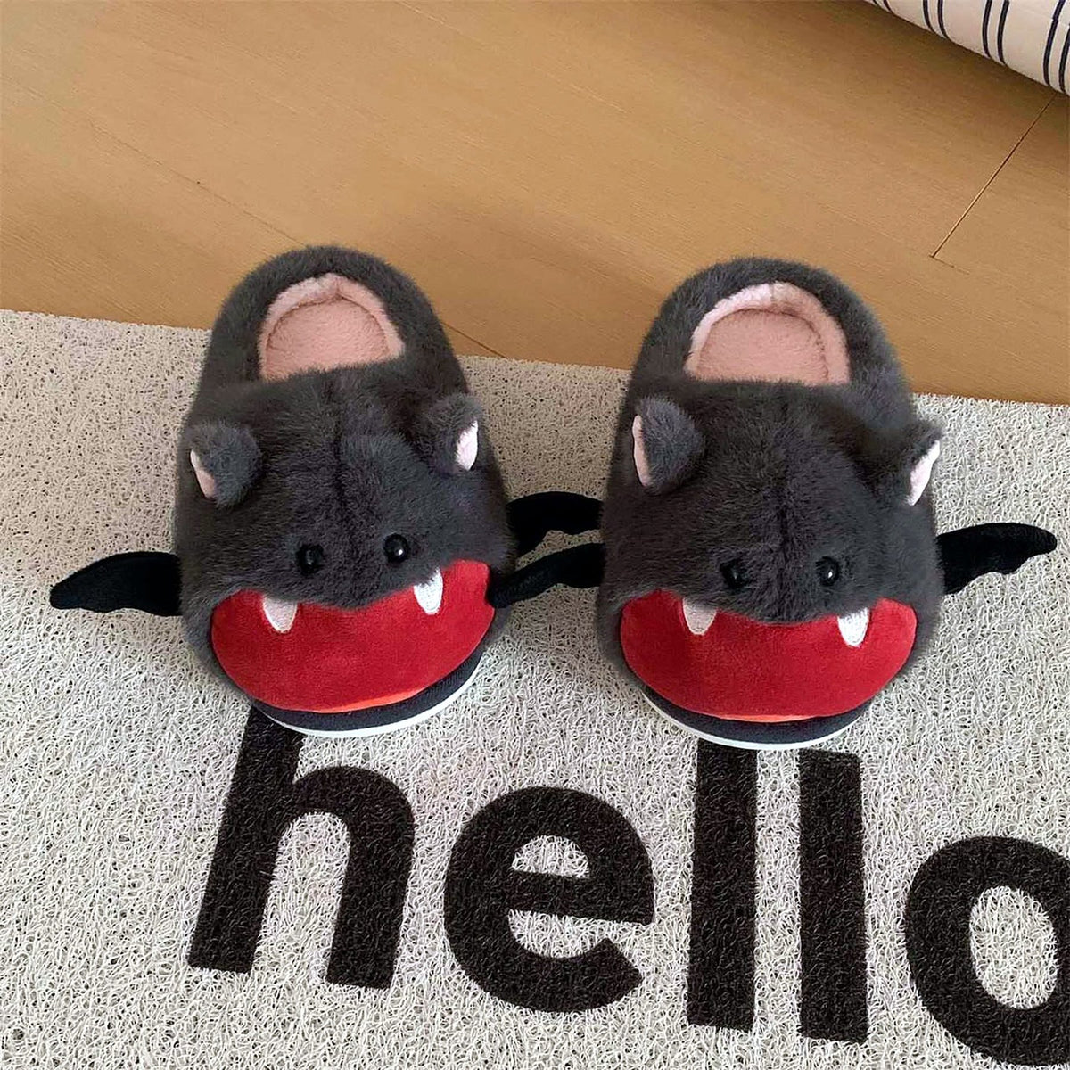 Vampy Bat Fluffy Slippers worn at home
