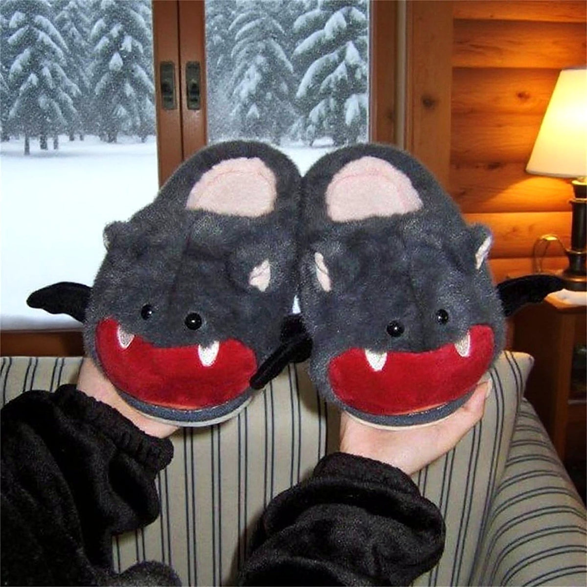 Vampy Bat Fluffy Slippers worn at home