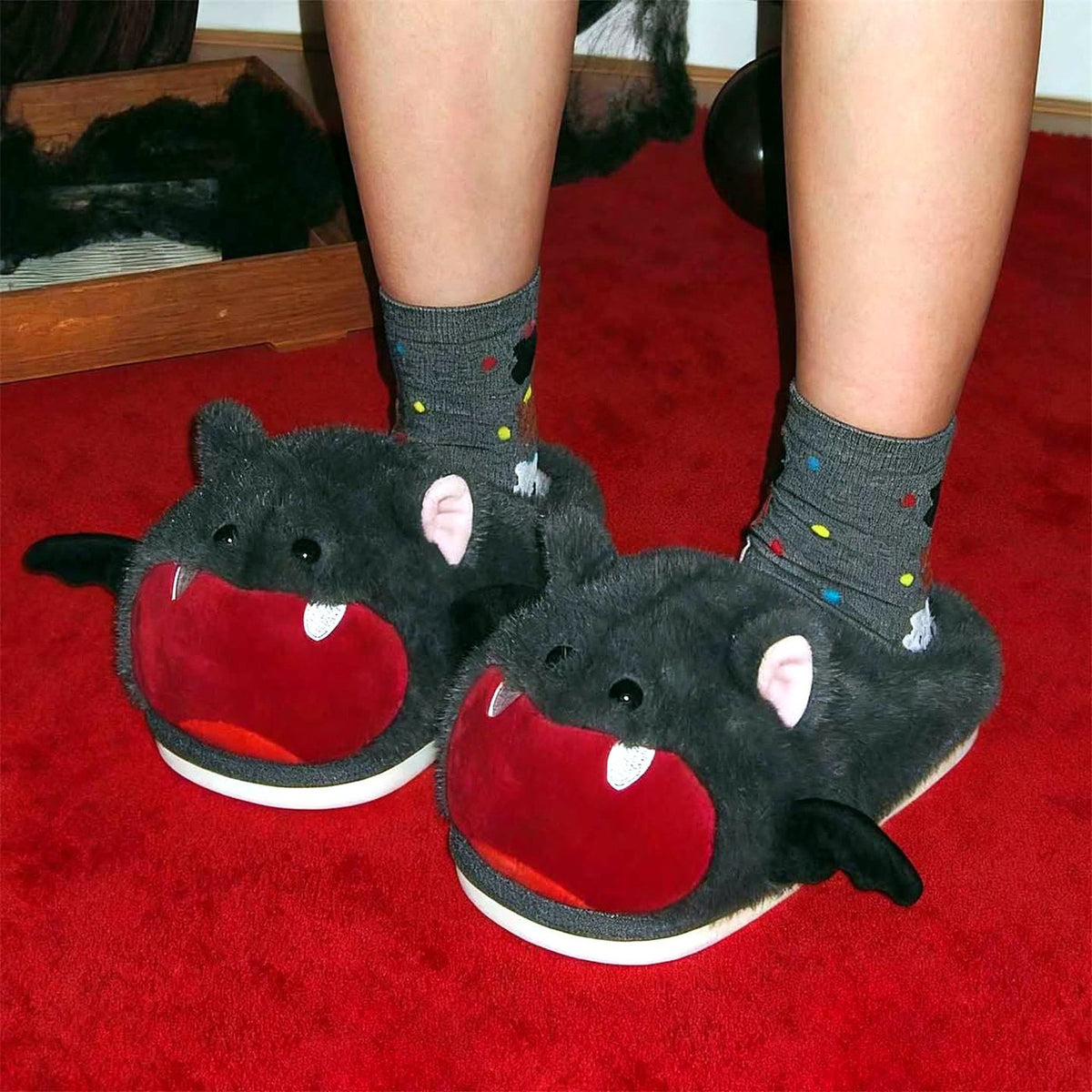 Vampy Bat Fluffy Slippers worn at home