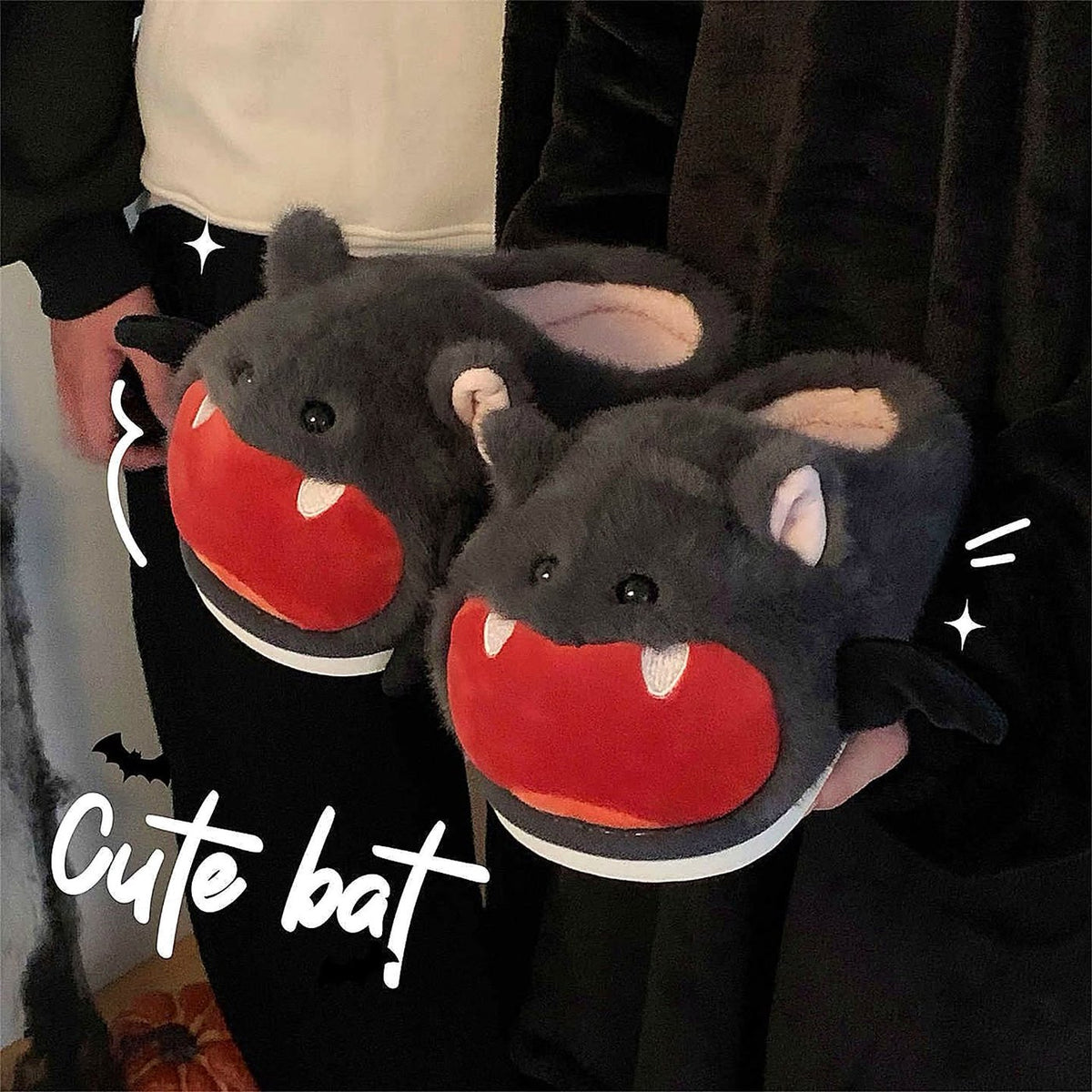 Vampy Bat Fluffy Slippers worn at home