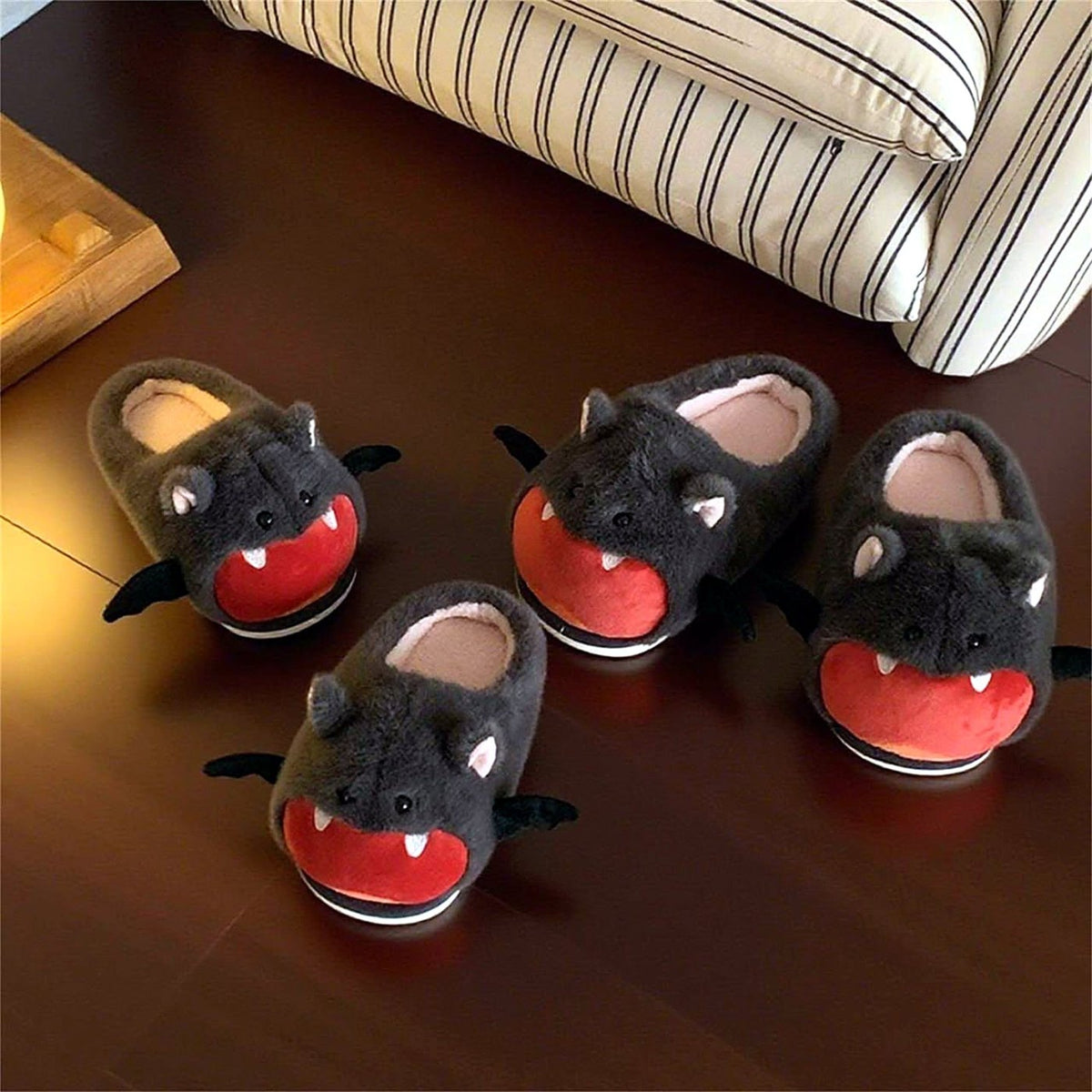 Vampy Bat Fluffy Slippers worn at home