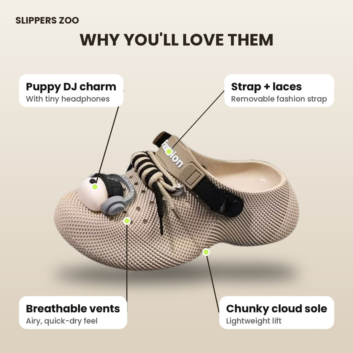 Puppy Beats Cloud Clogs feature callouts