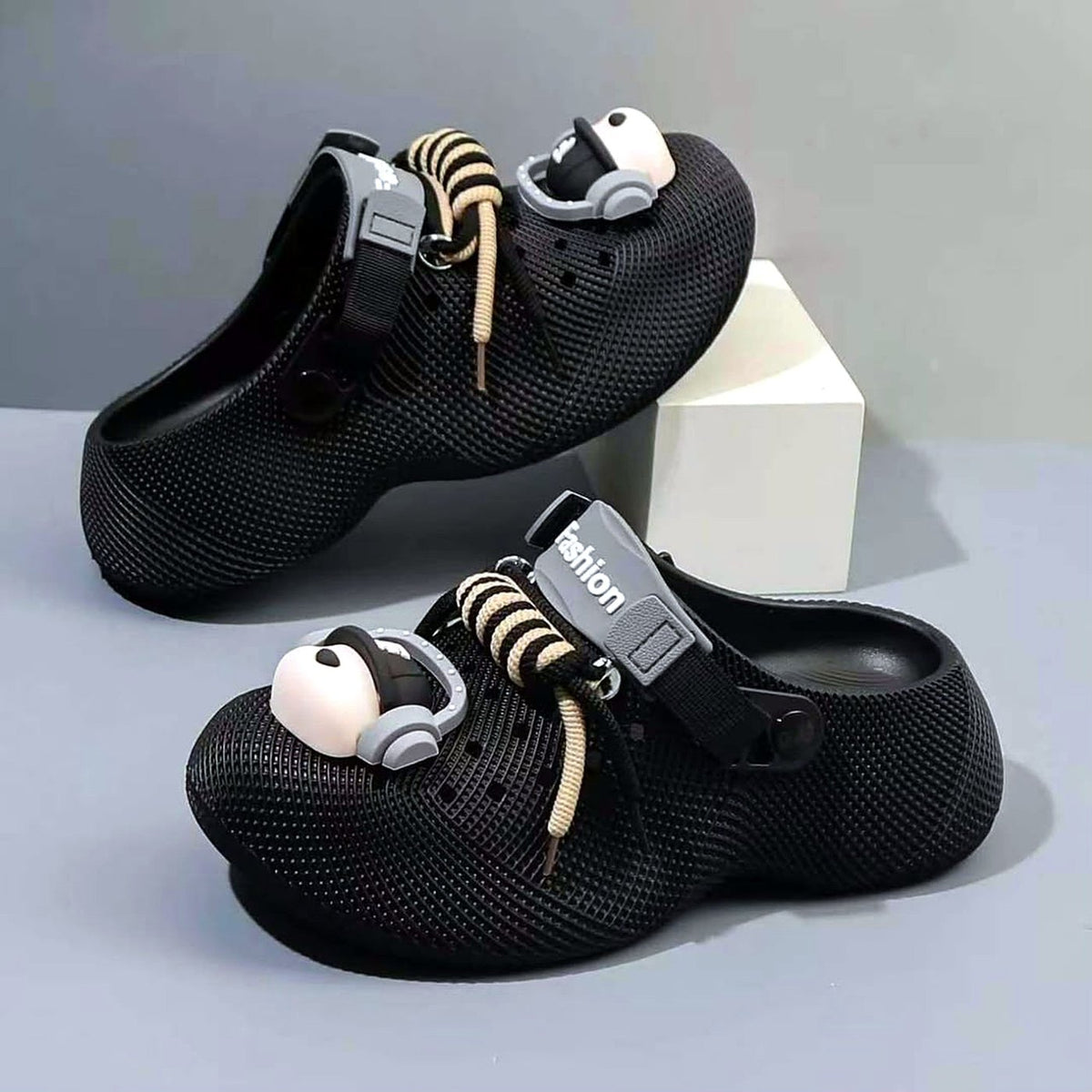 Puppy Beats Cloud Clogs worn at home