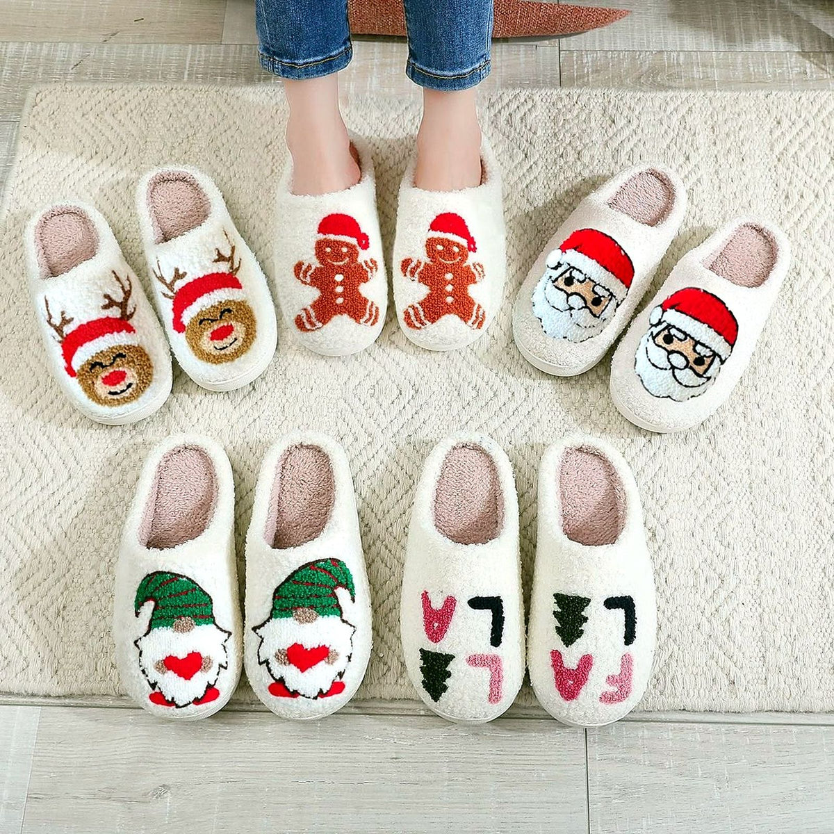 Cozy Christmas Embroidered Slippers worn at home