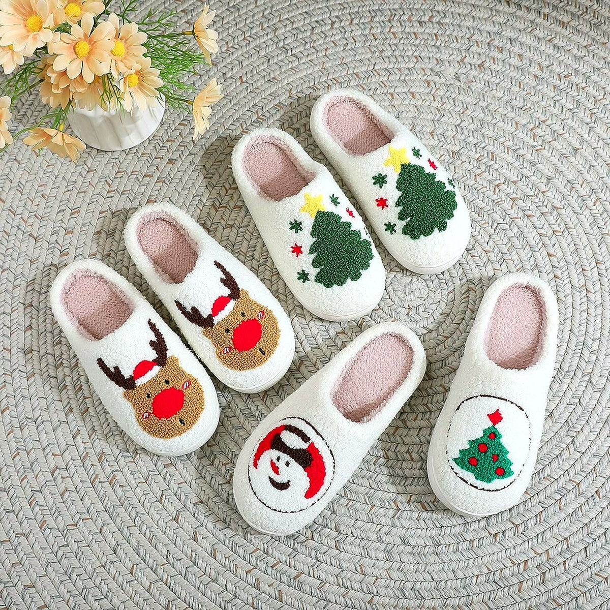 Cozy Christmas Embroidered Slippers worn at home