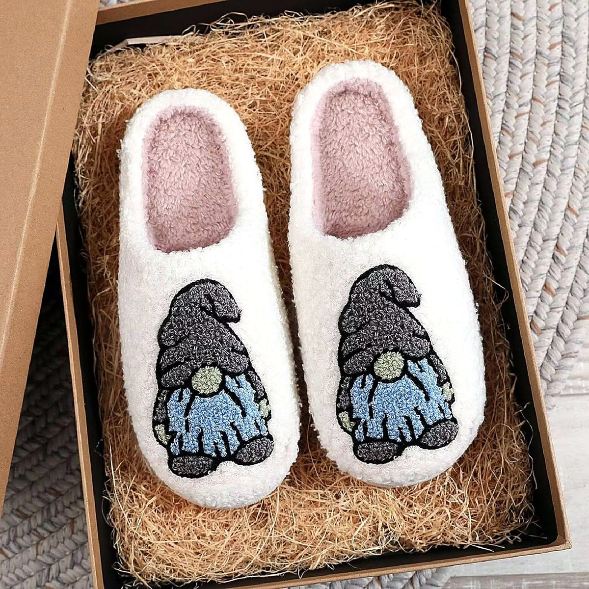 Cozy Christmas Embroidered Slippers – Blue Gnome design