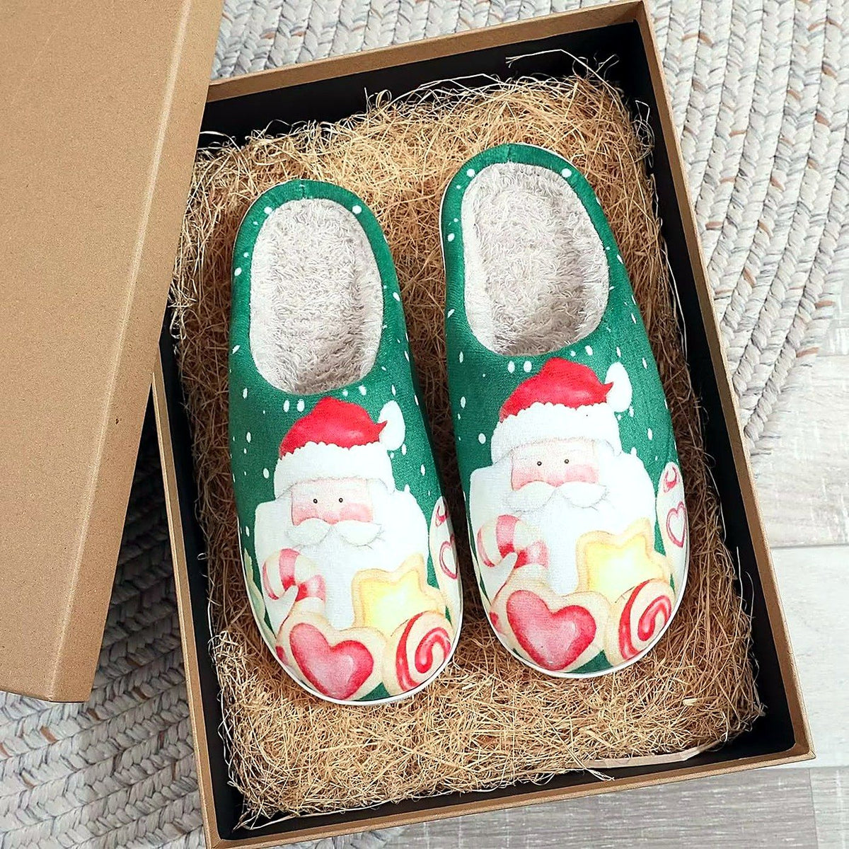 Cozy Christmas Embroidered Slippers – Candy Santa design