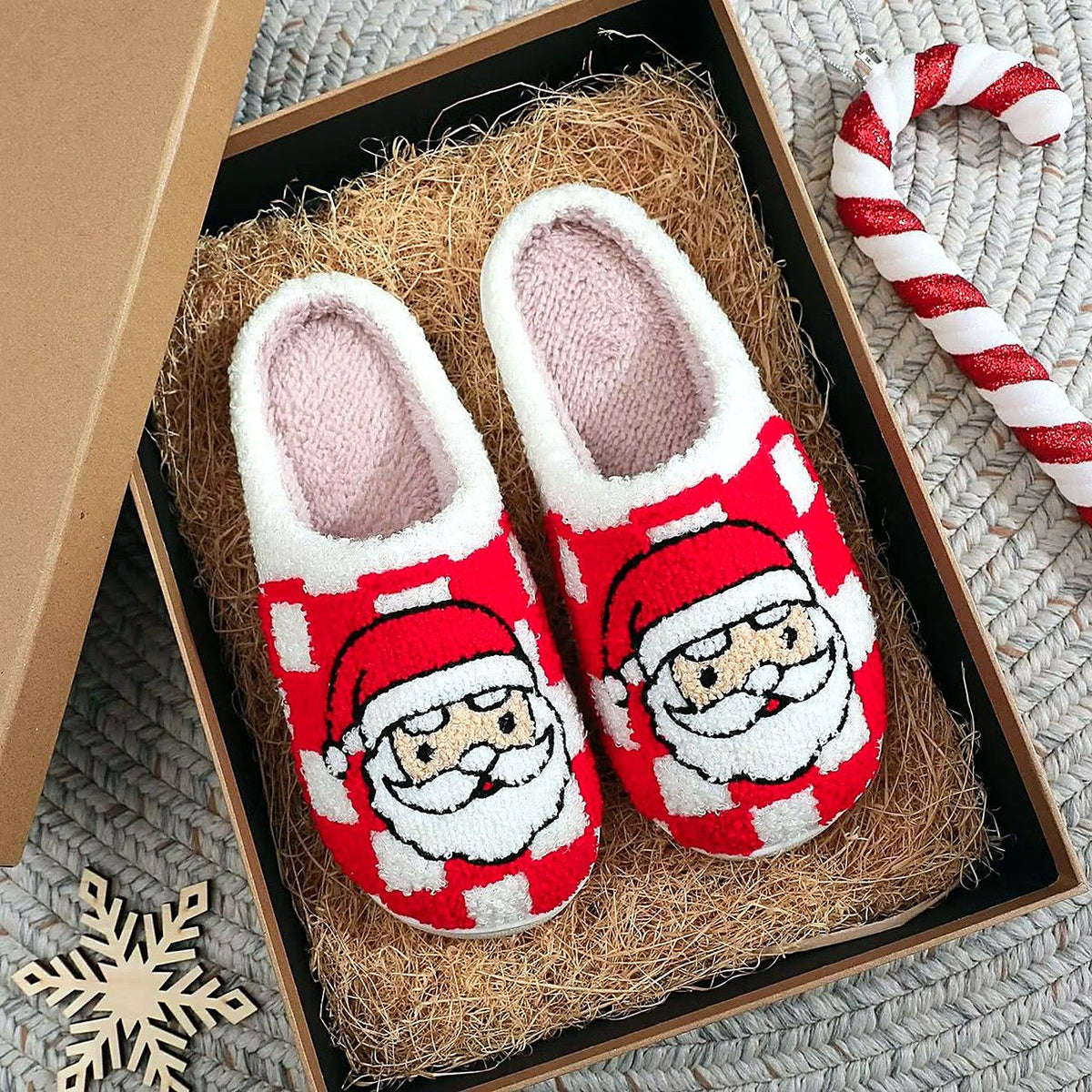 Cozy Christmas Embroidered Slippers – Checkered Santa design