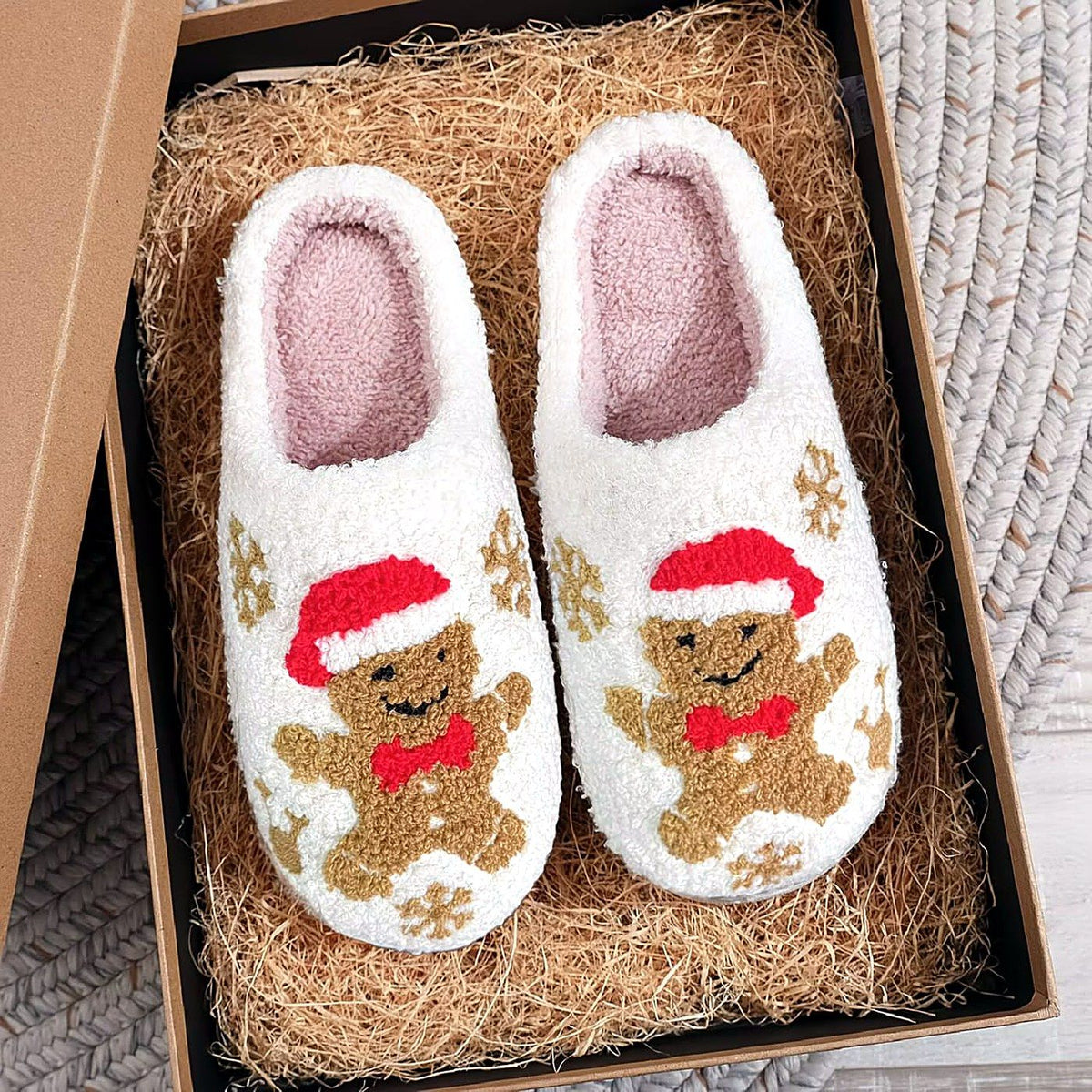 Cozy Christmas Embroidered Slippers – Gingerbread Bear design