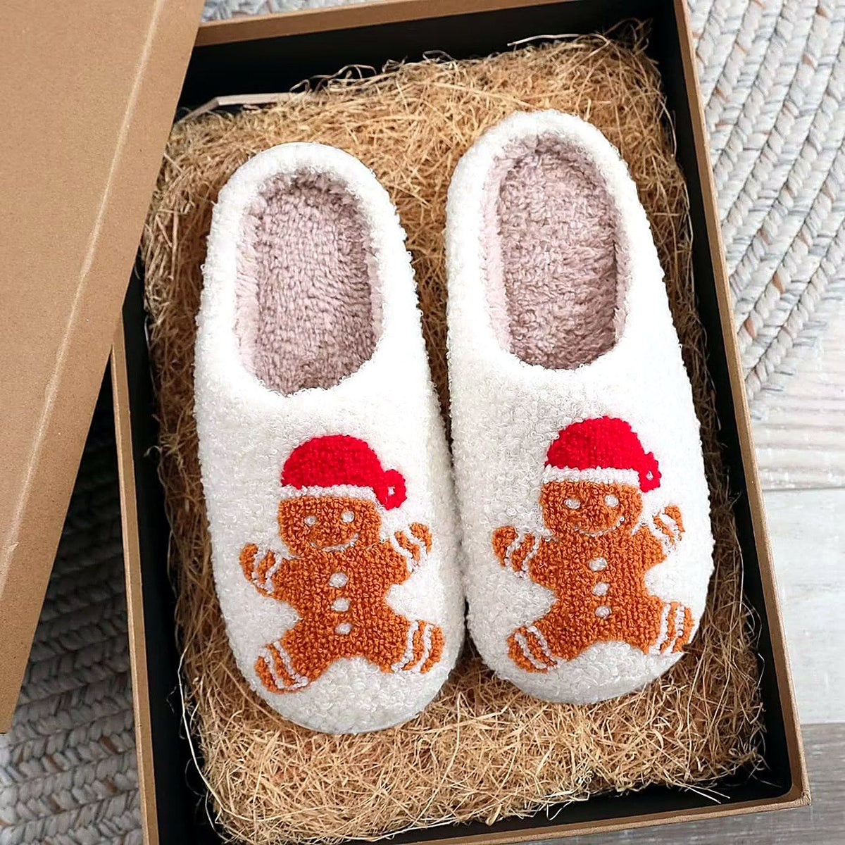 Cozy Christmas Embroidered Slippers – Gingerbread Man design