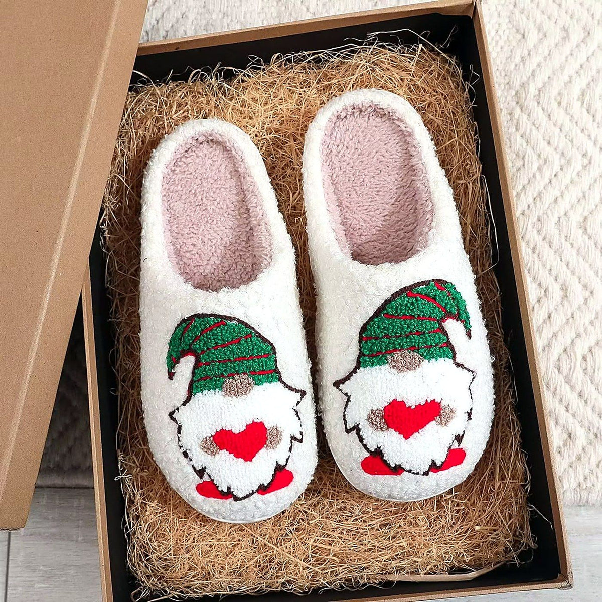 Cozy Christmas Embroidered Slippers – Green Hat Gnome design