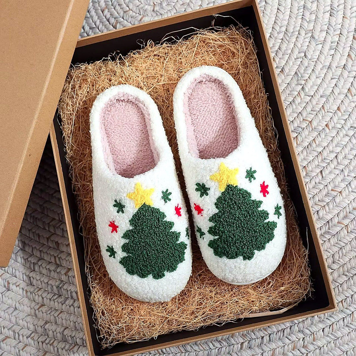 Cozy Christmas Embroidered Slippers – Green Tree design
