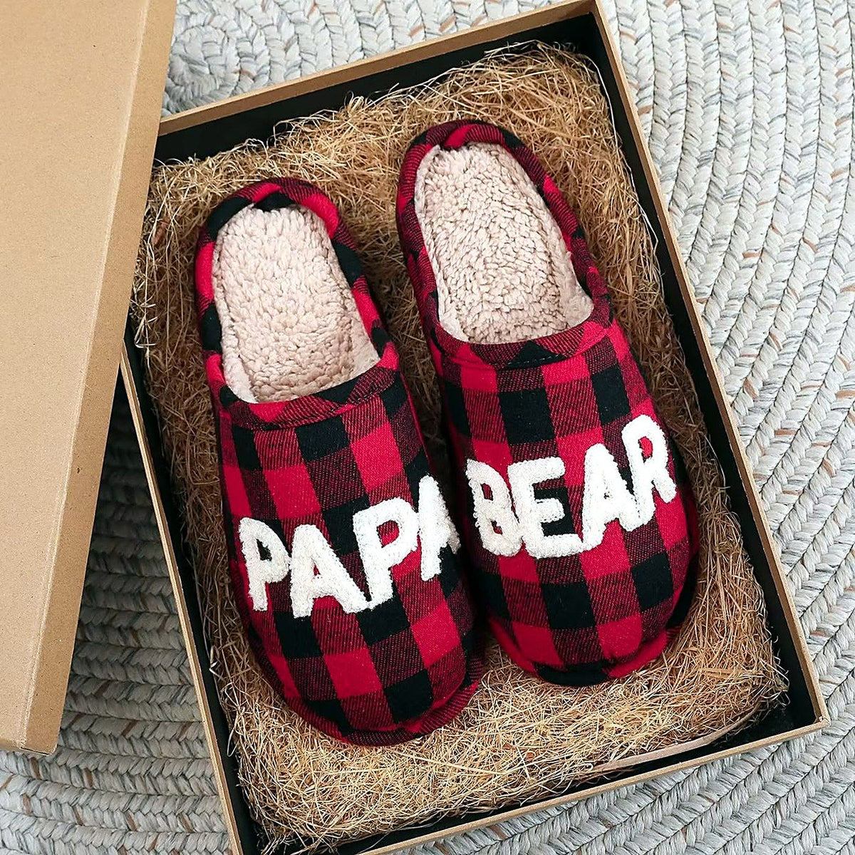 Cozy Christmas Embroidered Slippers – Papa Bear Plaid design