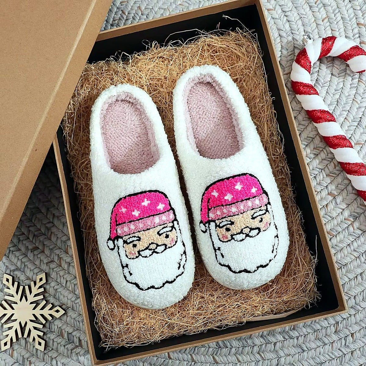 Cozy Christmas Embroidered Slippers – Pink Hat Santa design