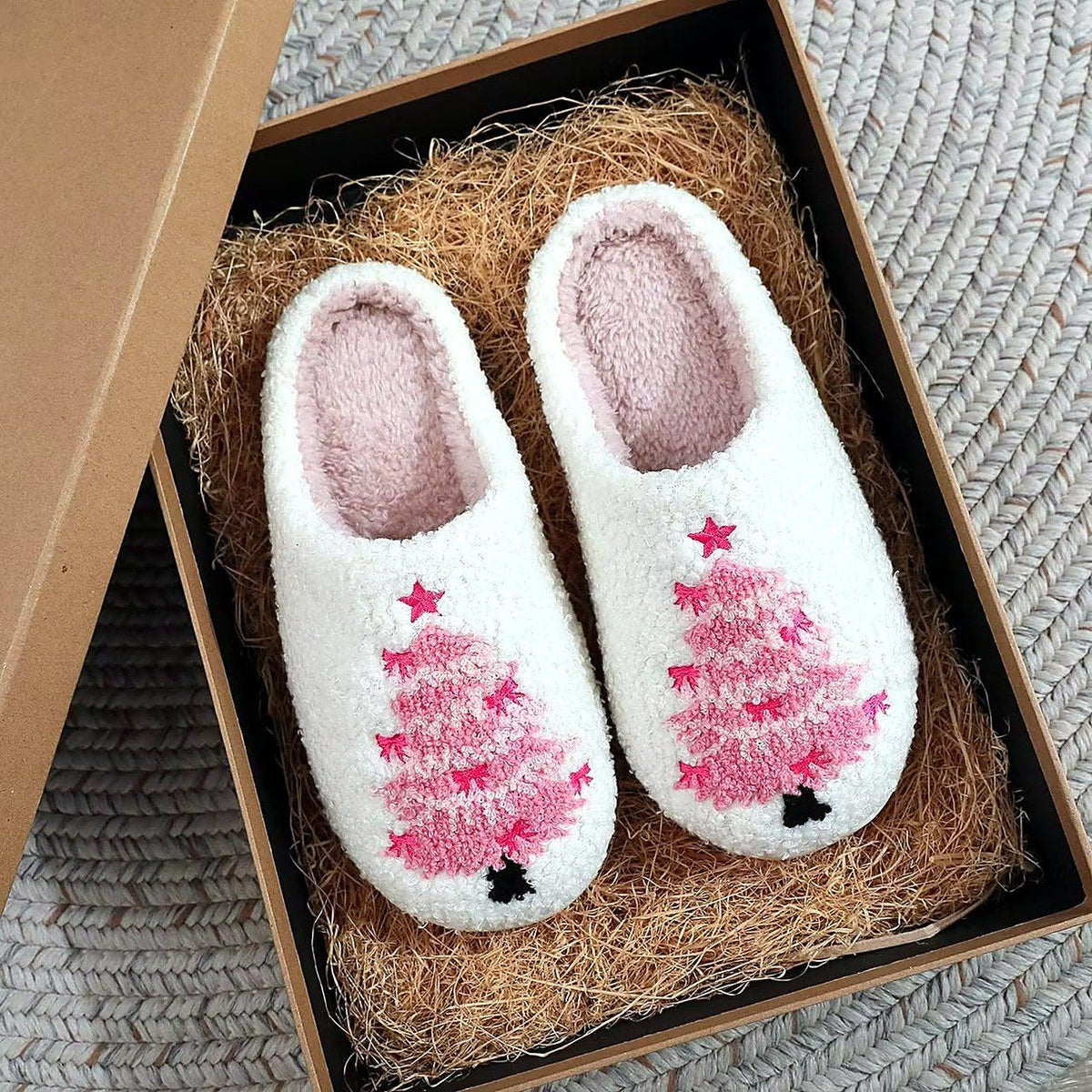 Cozy Christmas Embroidered Slippers – Pink Tree design