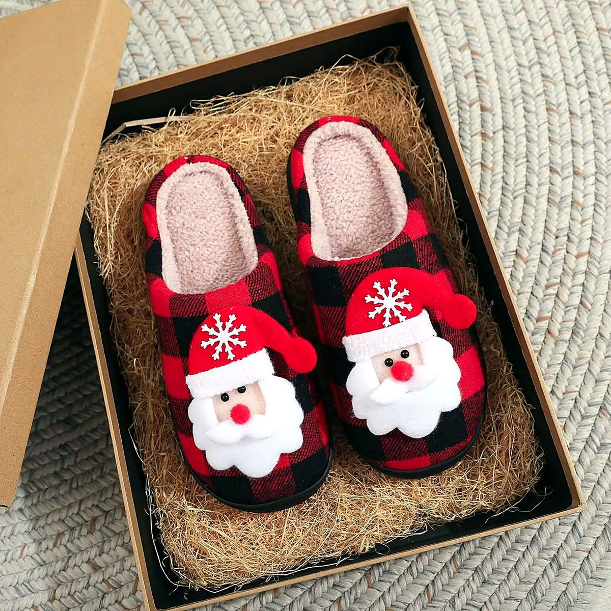 Cozy Christmas Embroidered Slippers – Plaid Santa design