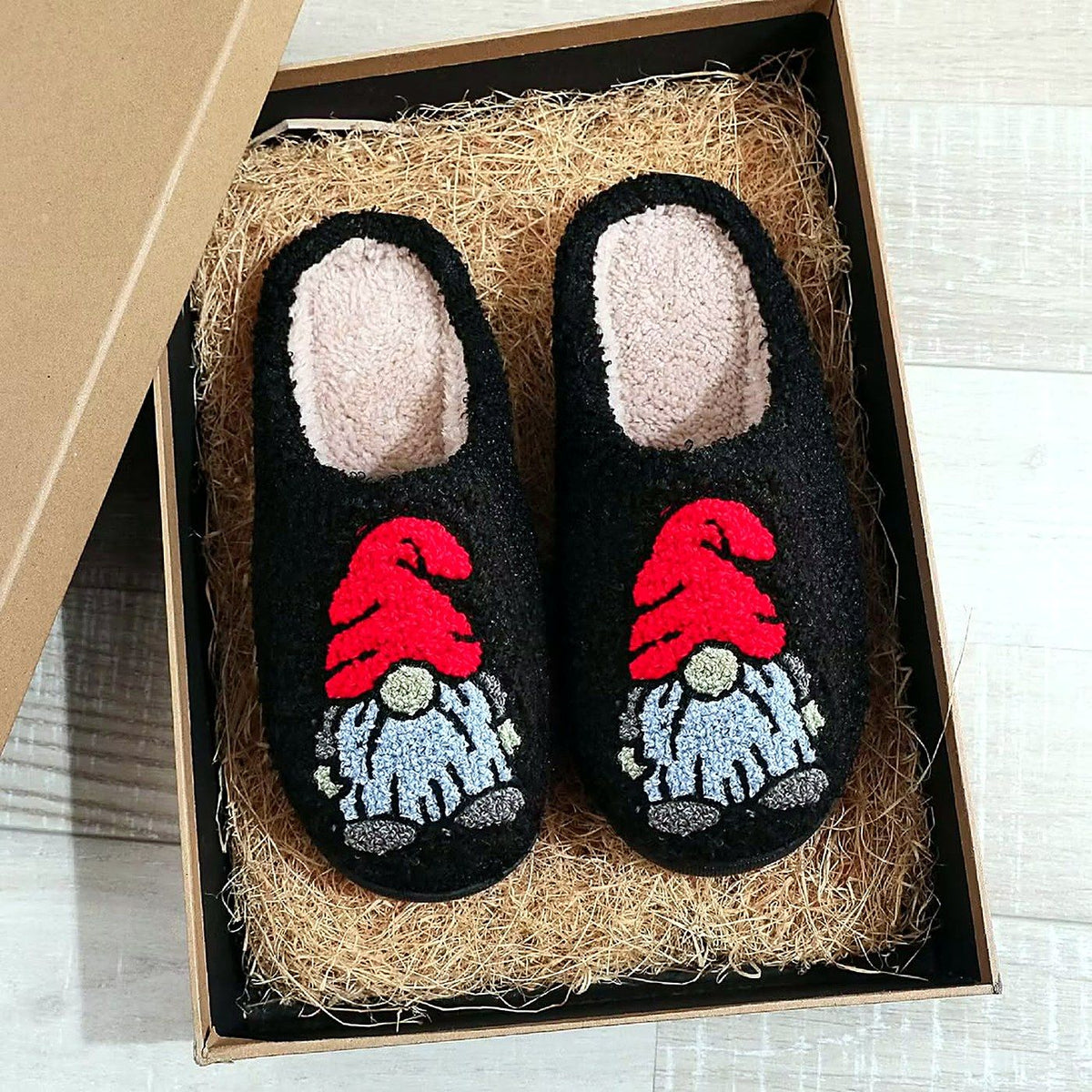 Cozy Christmas Embroidered Slippers – Red Hat Gnome design
