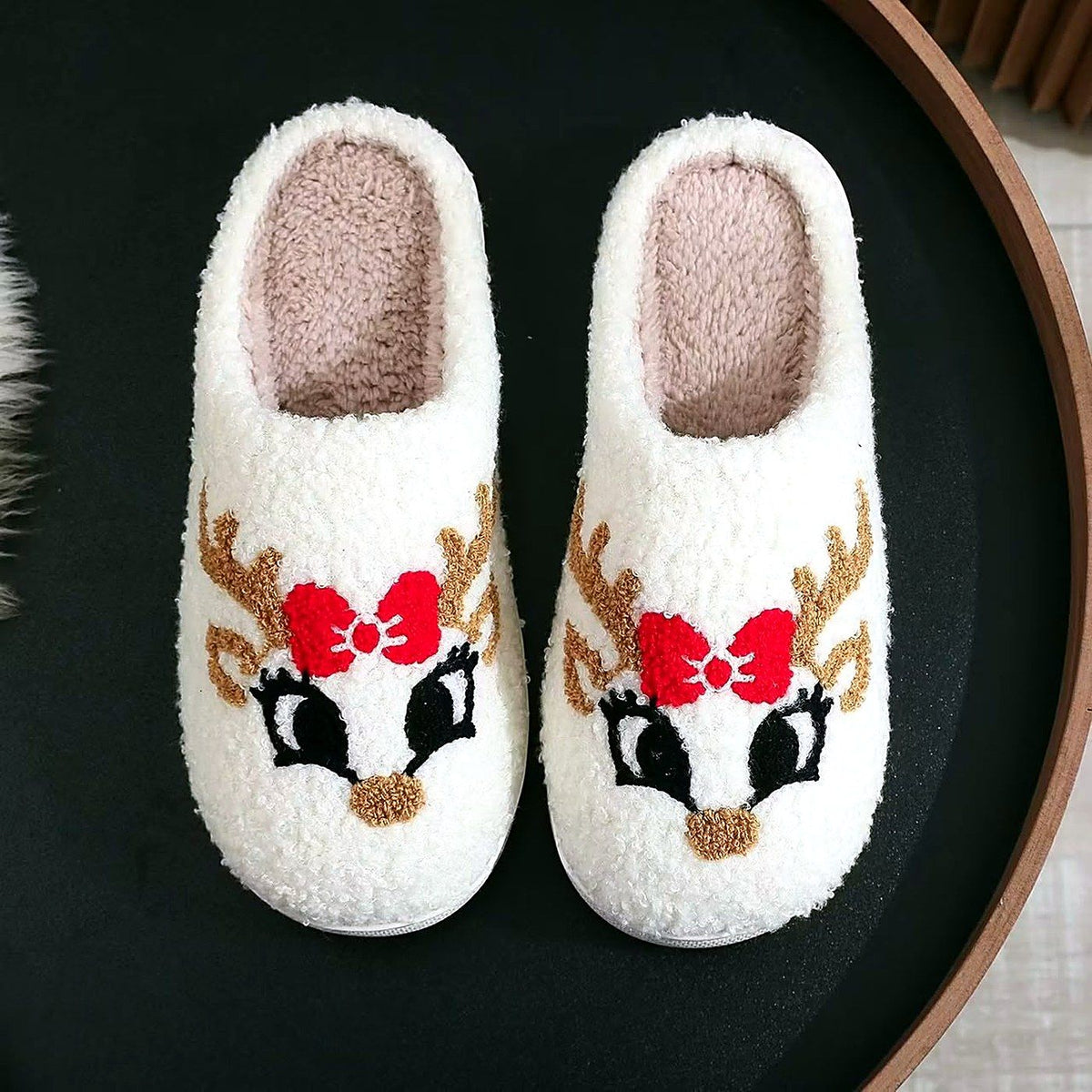 Cozy Christmas Embroidered Slippers – Reindeer Bow design