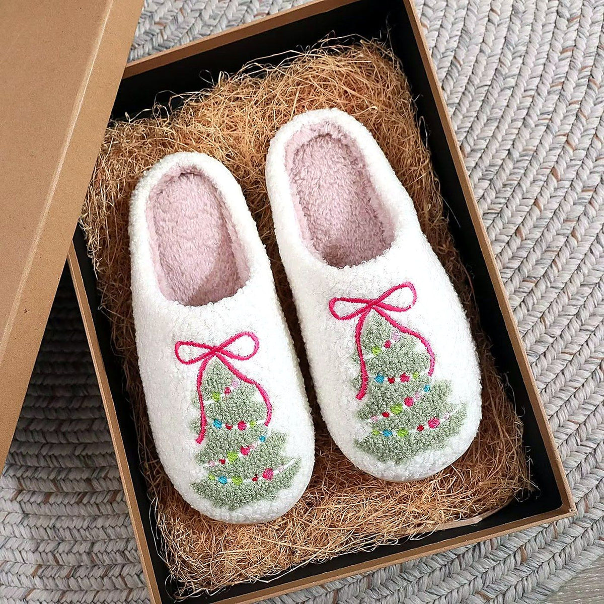 Cozy Christmas Embroidered Slippers – Ribbon Tree design