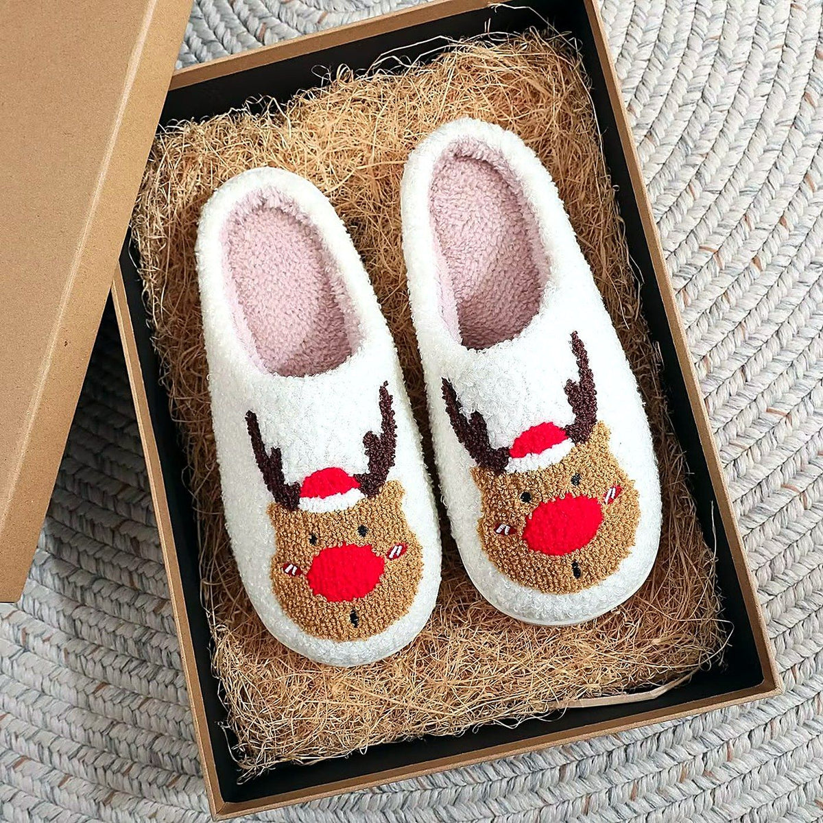Cozy Christmas Embroidered Slippers – Rudolph design
