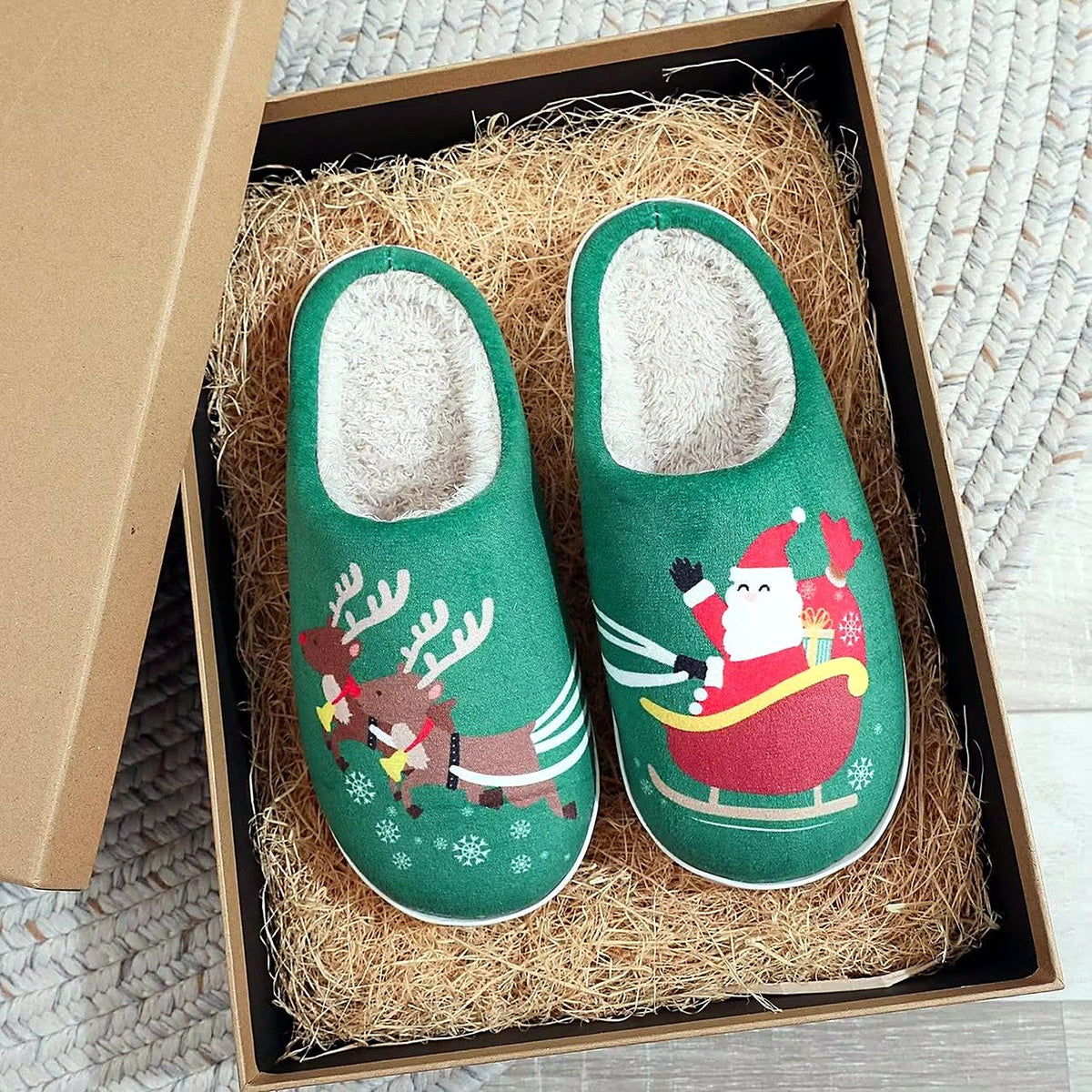 Cozy Christmas Embroidered Slippers – Sleigh Ride design