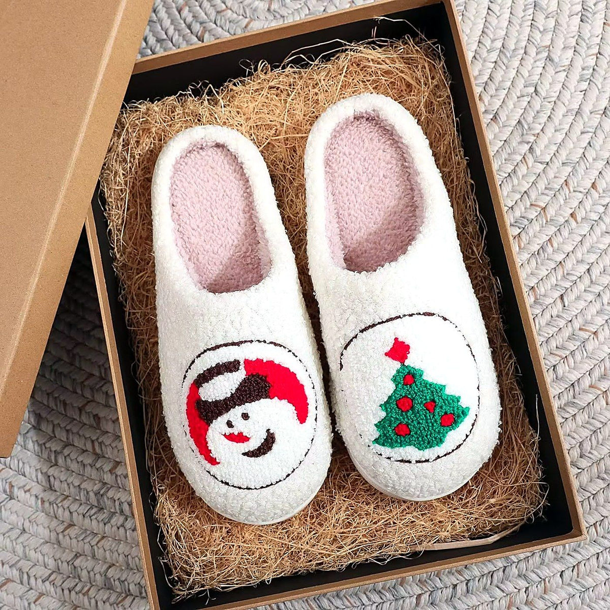 Cozy Christmas Embroidered Slippers – Snowman & Tree design
