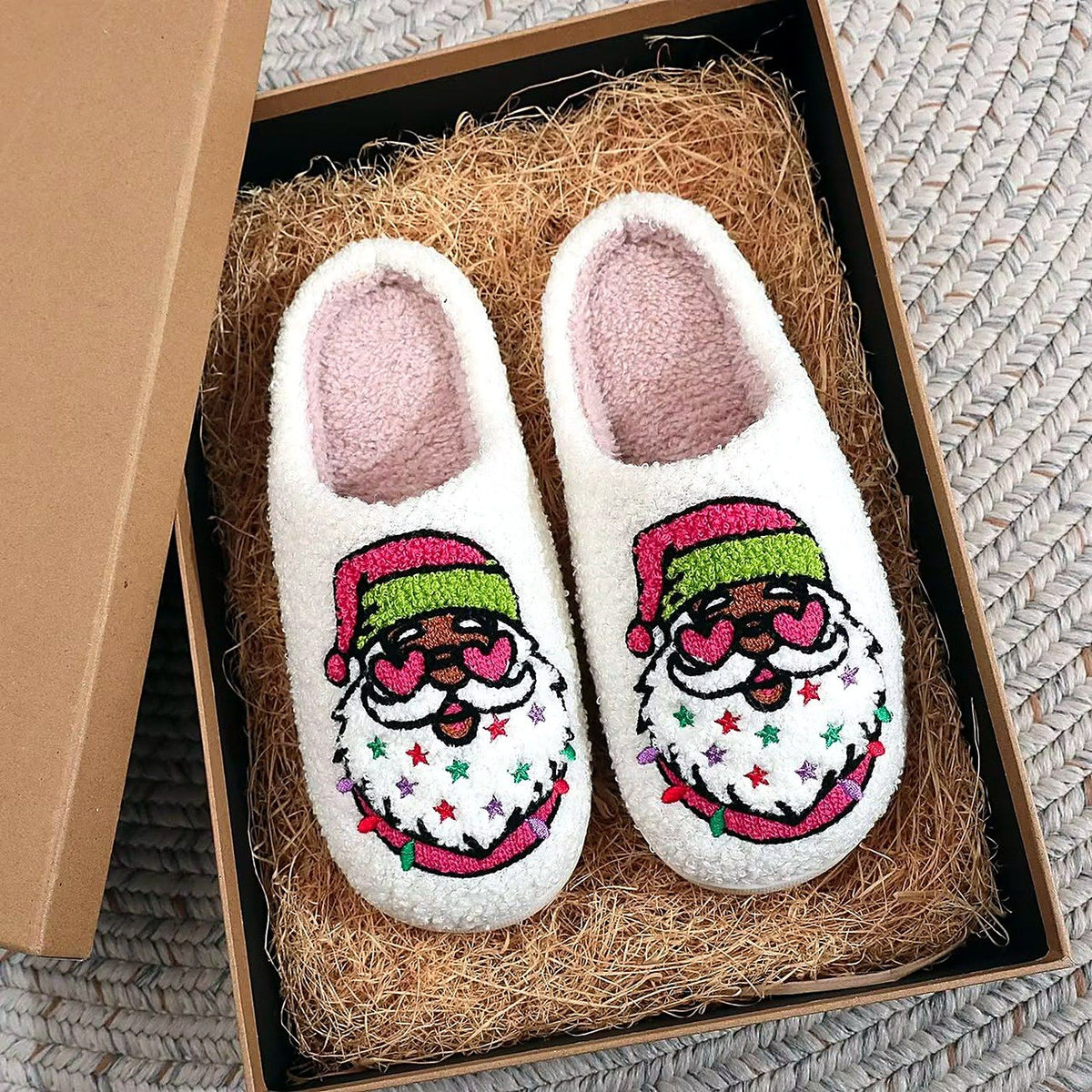 Cozy Christmas Embroidered Slippers – Starry Santa design