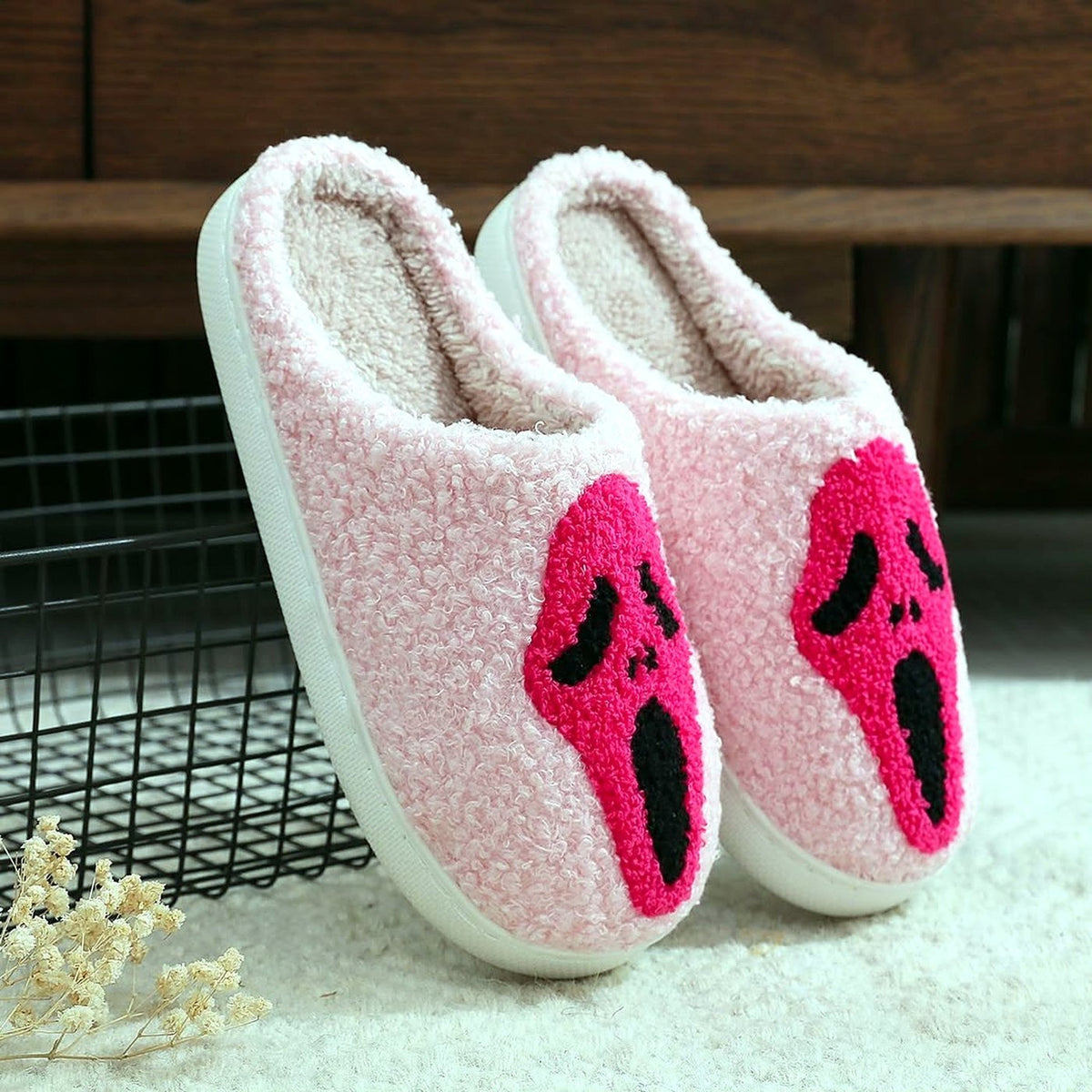 Spooky Face Fuzzy Slippers worn at home