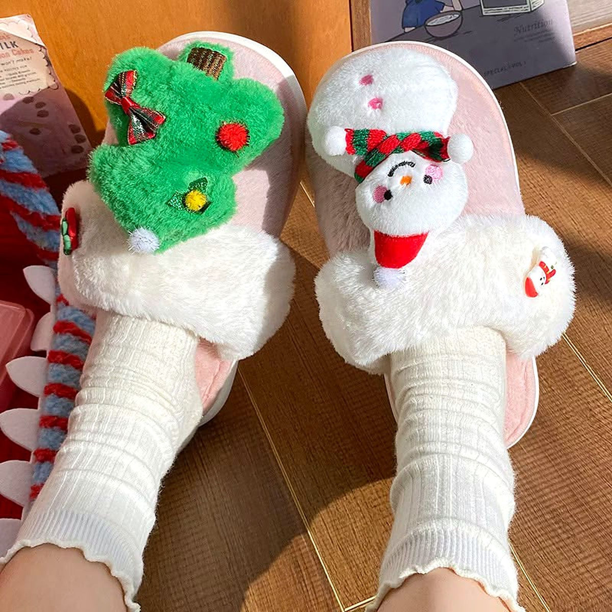 Jolly Friends Christmas Slides worn at home