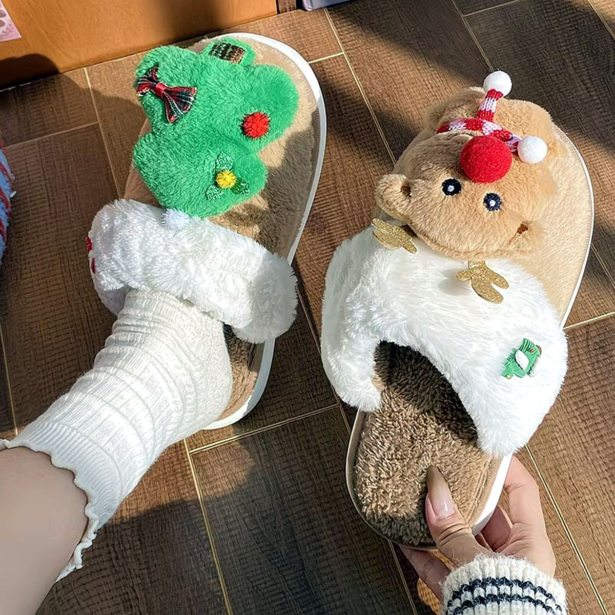 Jolly Friends Christmas Slides worn at home