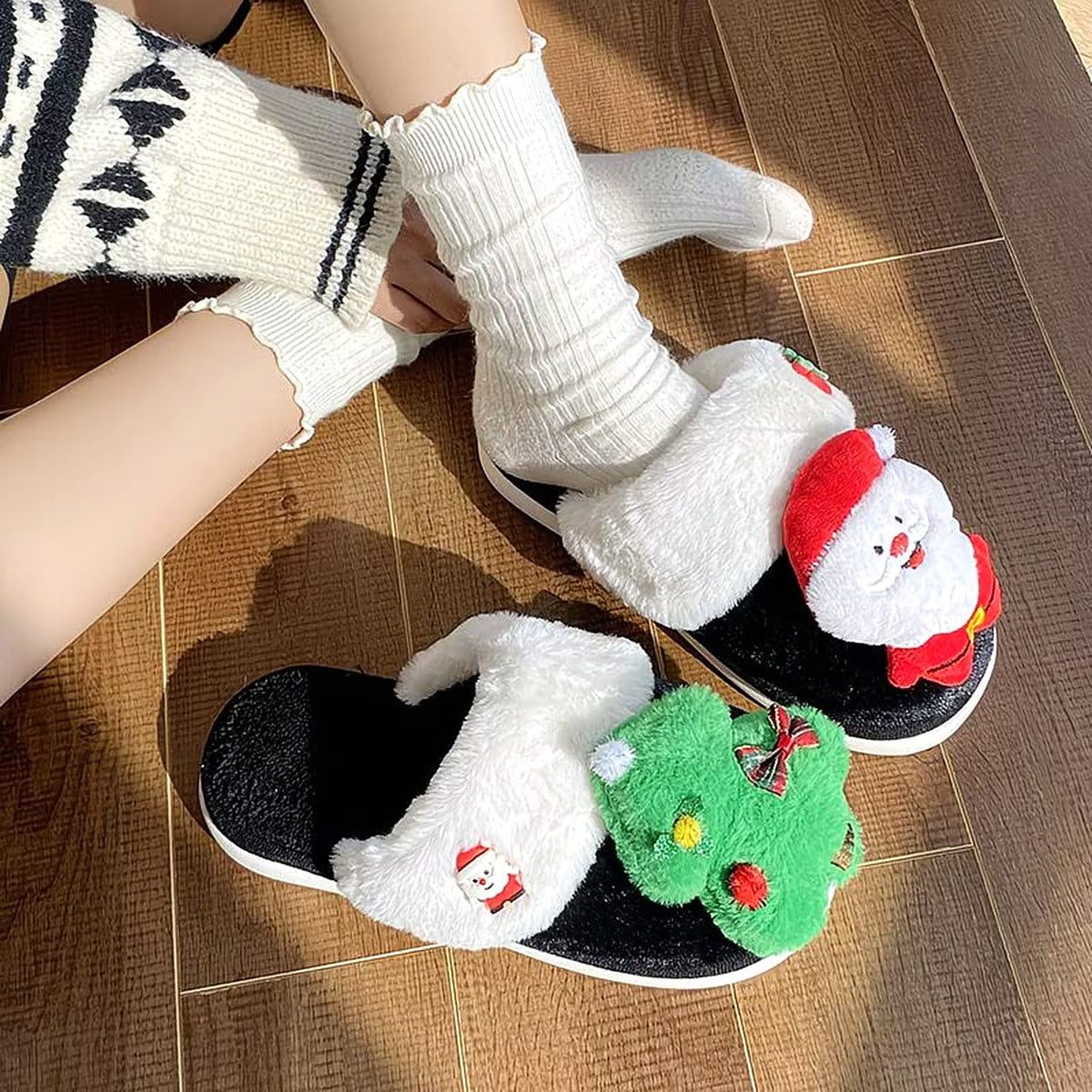 Jolly Friends Christmas Slides worn at home