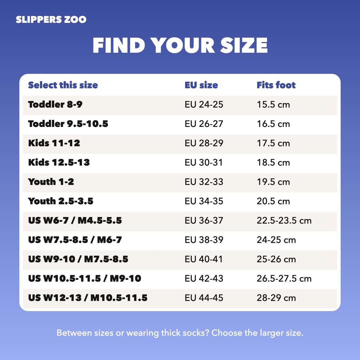 Fuzzy Critter Slippers US size chart