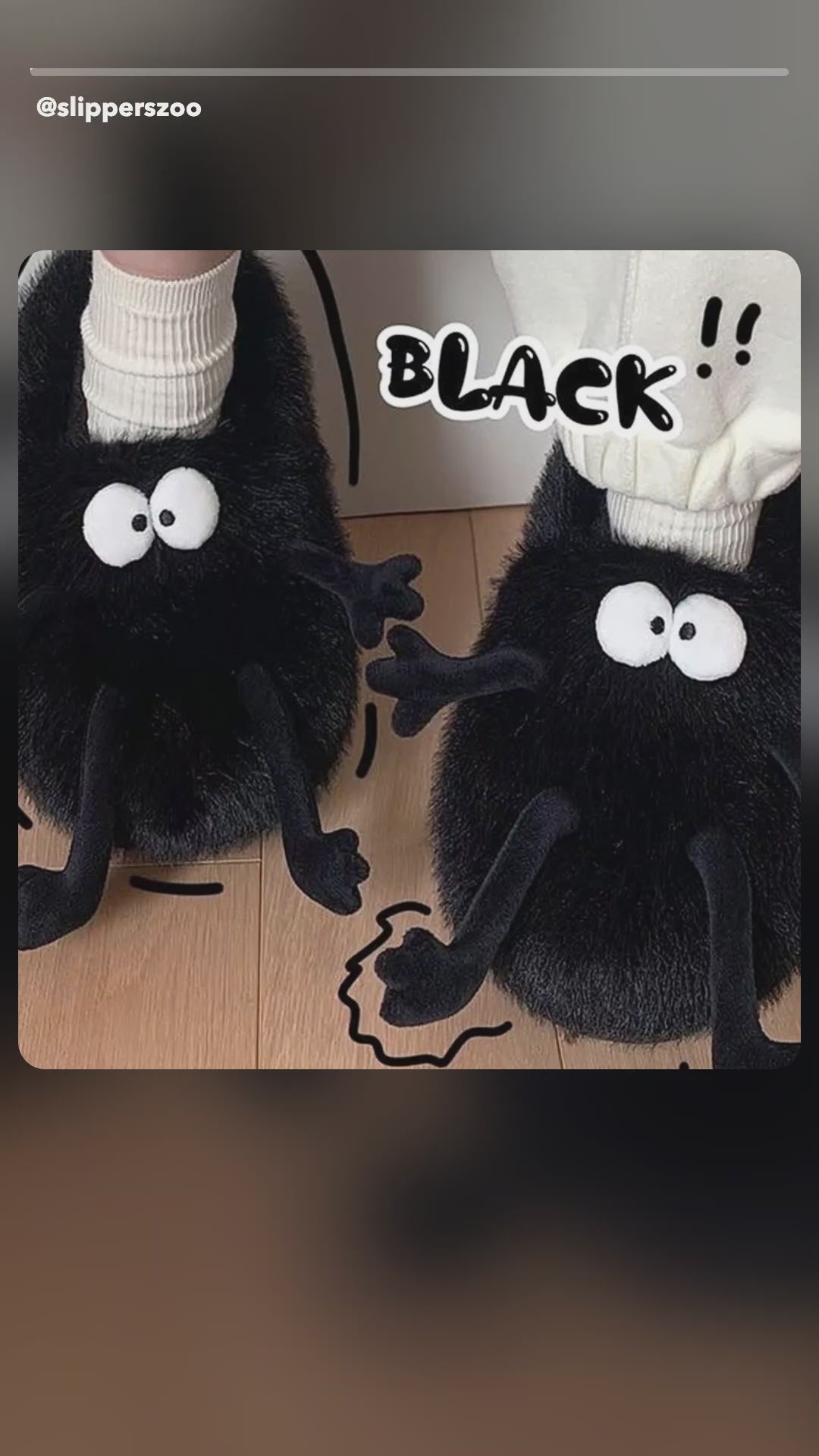 UGC-style video: Fuzzy Critter Slippers worn at home, showing the googly eyes, floppy plush legs and fluffy fur