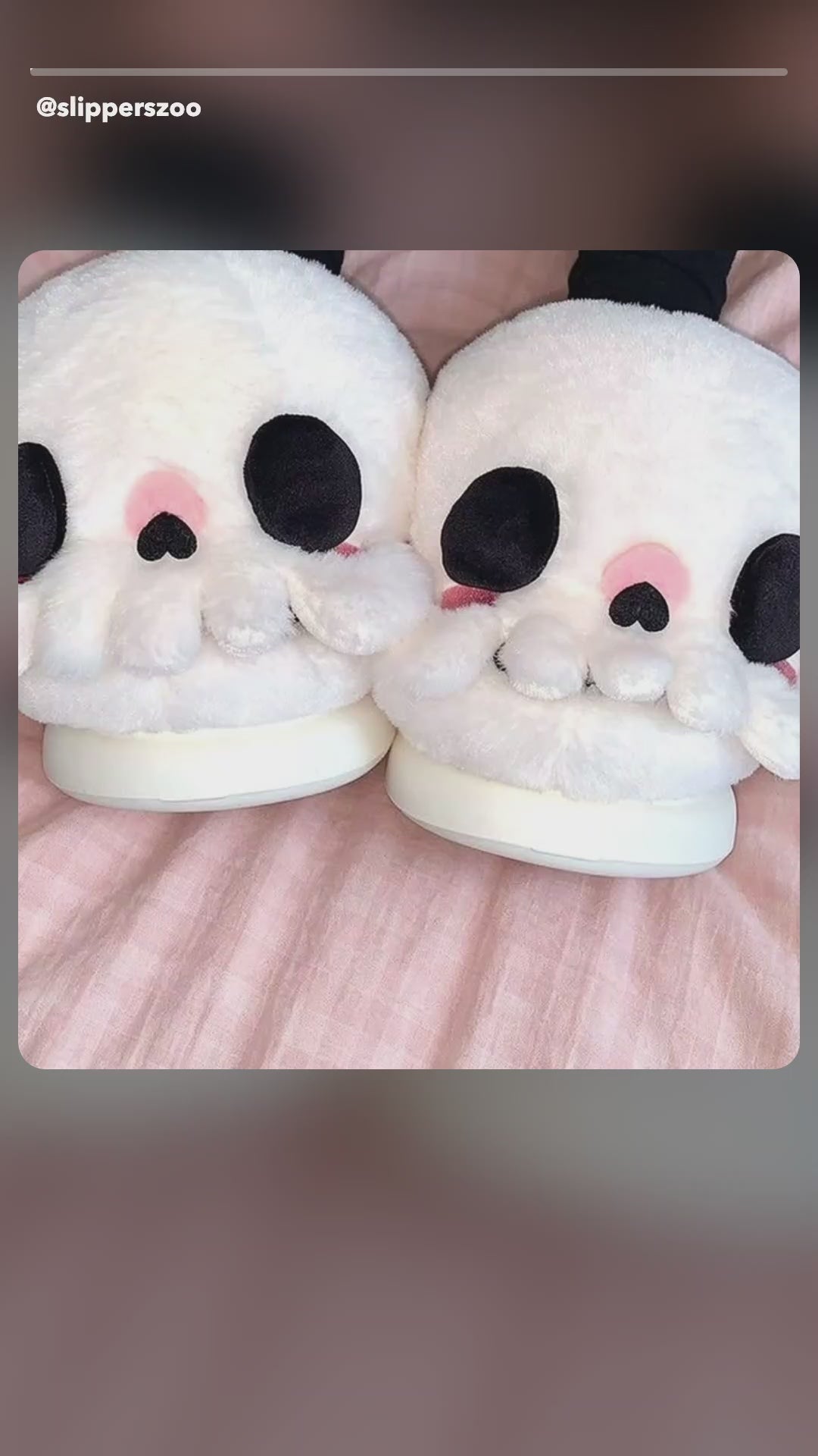 UGC-style video: Boo Skull Fluffy Slippers worn at home, showing the rosy stitched face, plush fur and chunky platform