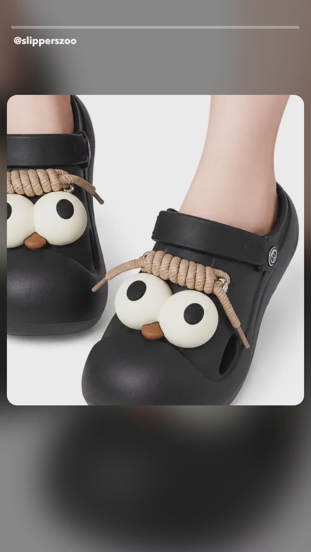 UGC-style video: Googly Eye Clogs showing the 3D eyes and rope detail, adjustable heel strap and side vents