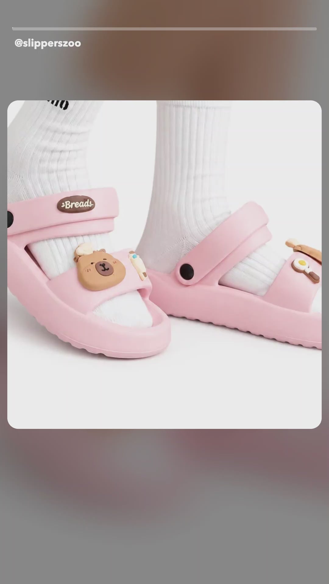 UGC-style video: Cozy Capybara Cloud Slides showing the 3D capybara charms, thick platform sole and non-slip footbed