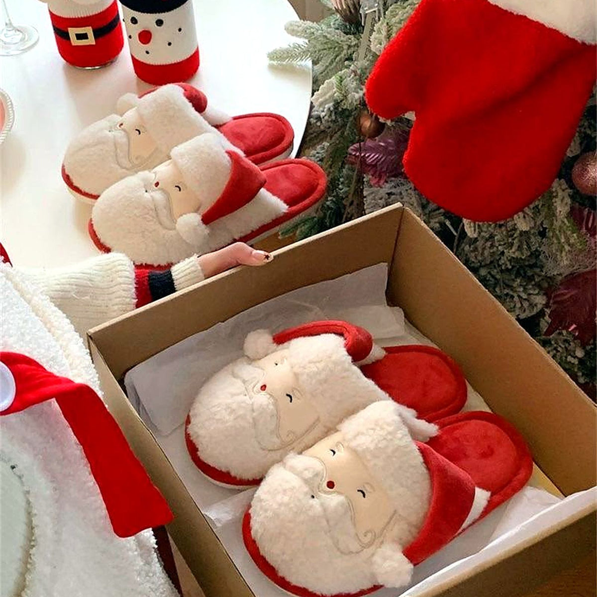 Jolly Santa Fluffy Slippers worn at home