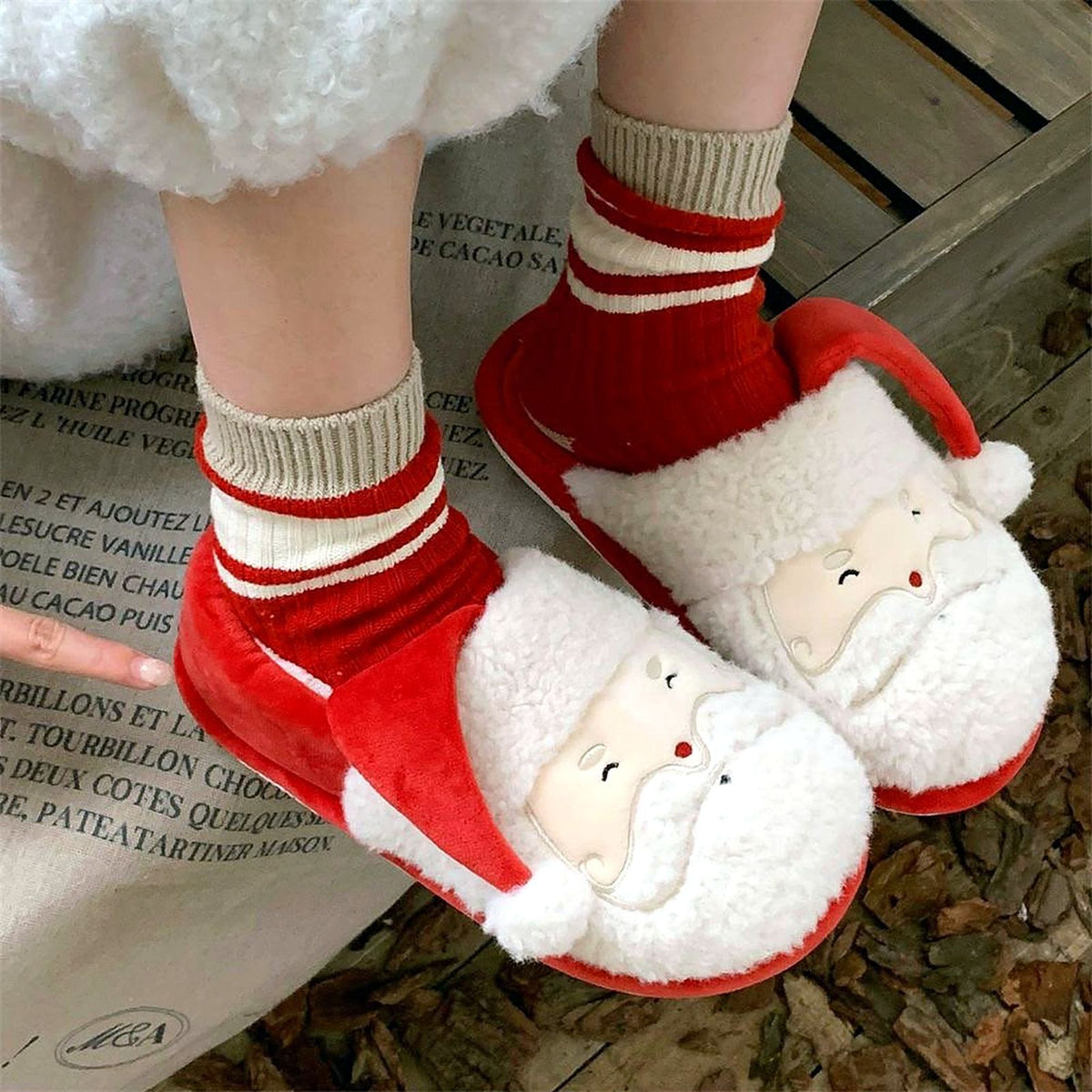 Jolly Santa Fluffy Slippers worn at home