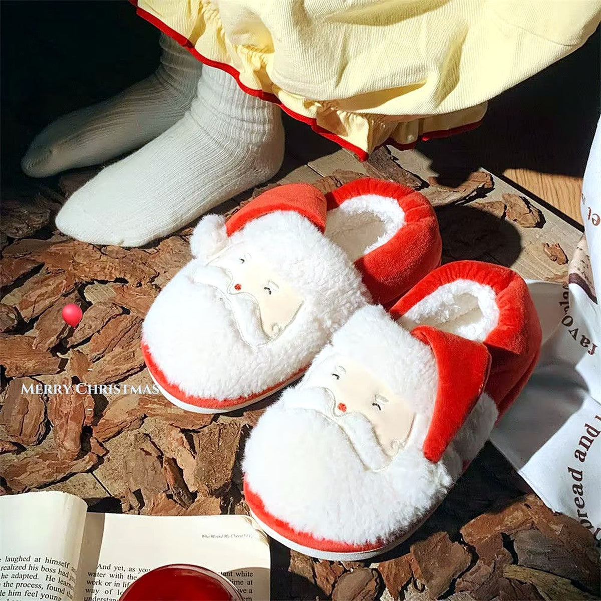 Jolly Santa Fluffy Slippers worn at home