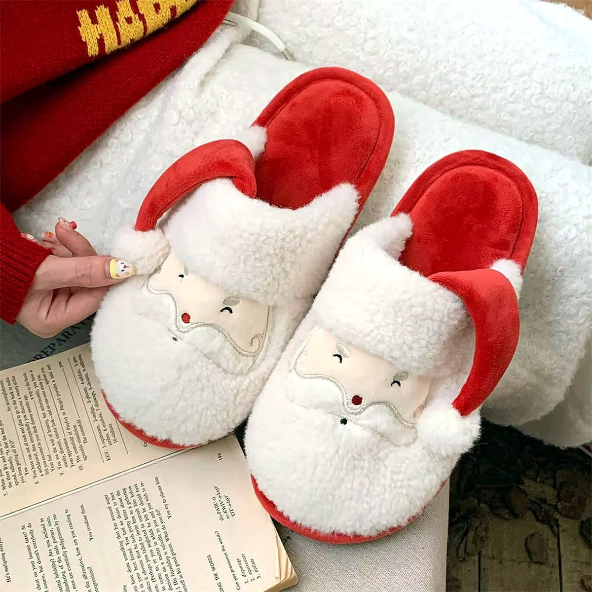 Jolly Santa Fluffy Slippers worn at home