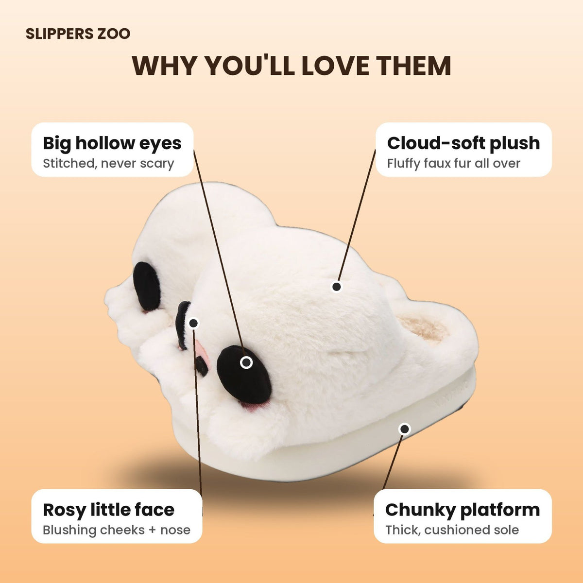Boo Skull Fluffy Slippers feature callouts