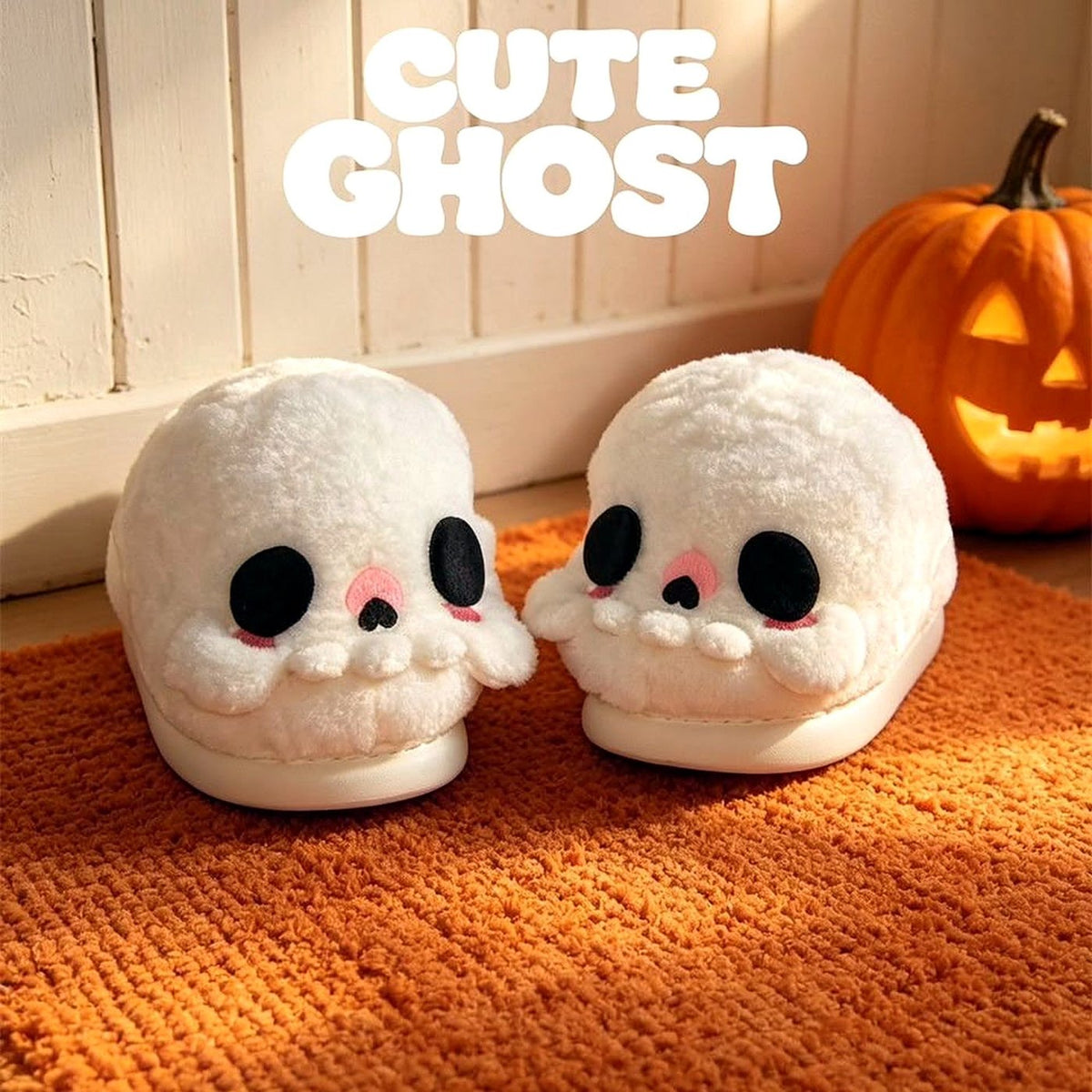 Boo Skull Fluffy Slippers worn at home