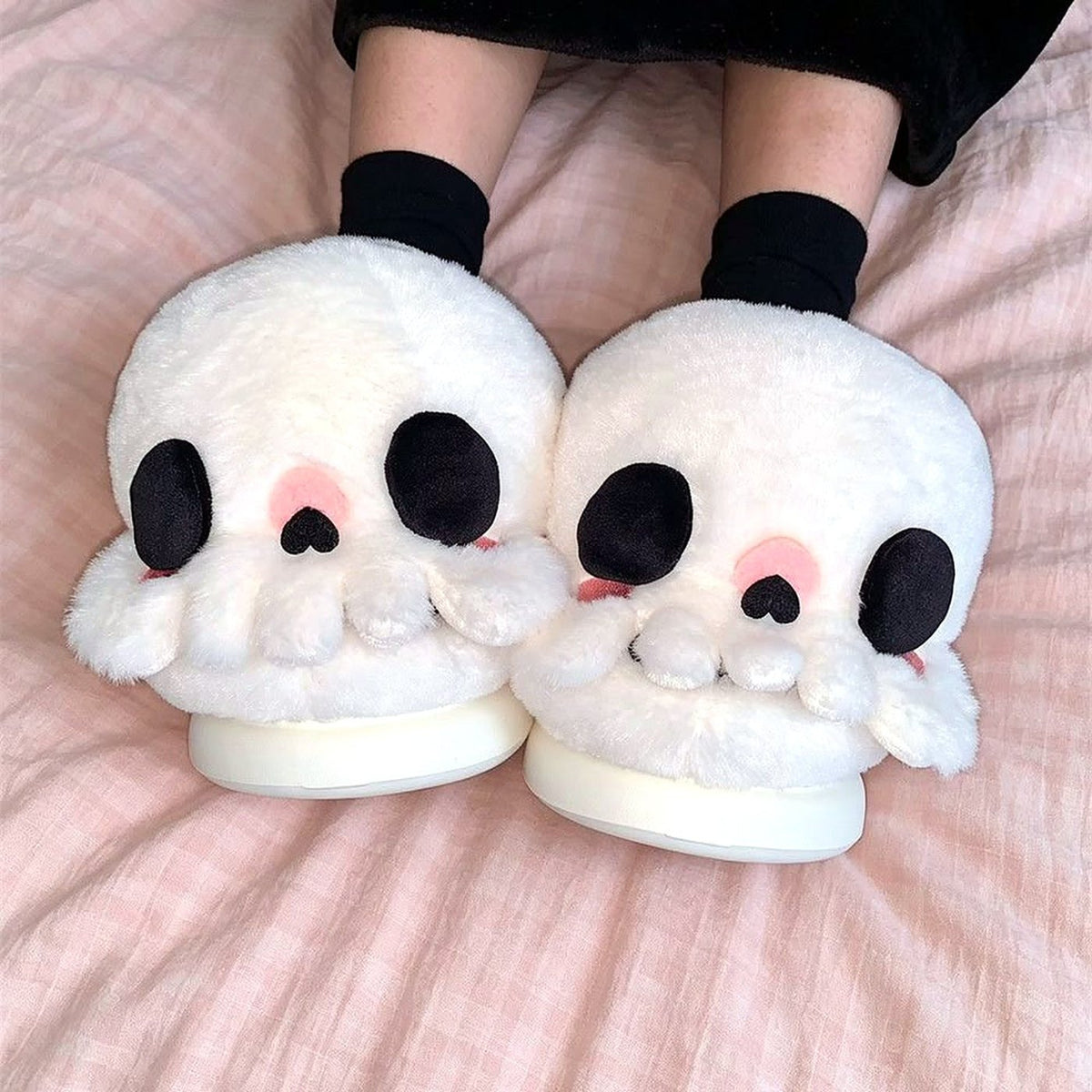 Boo Skull Fluffy Slippers worn at home