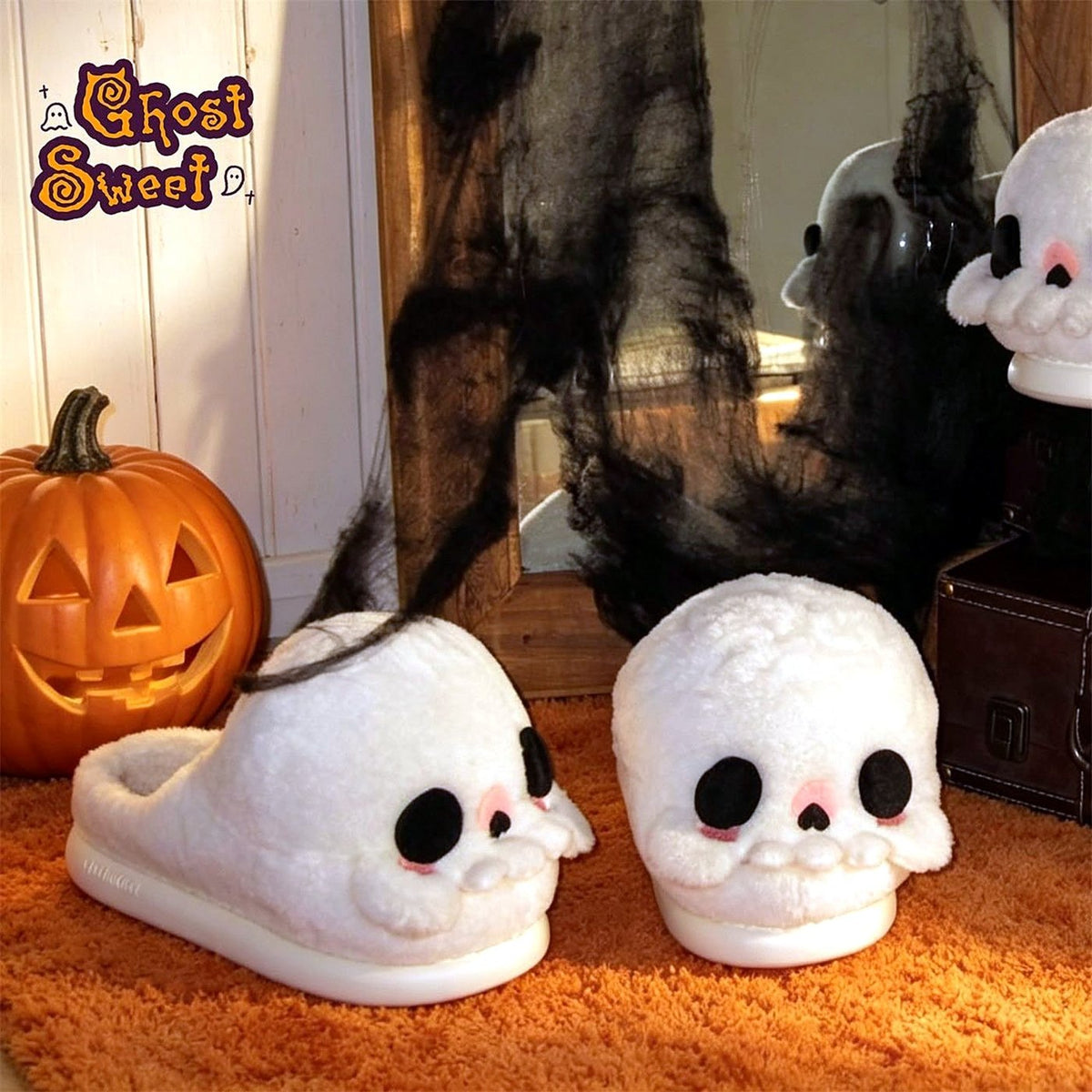 Boo Skull Fluffy Slippers worn at home