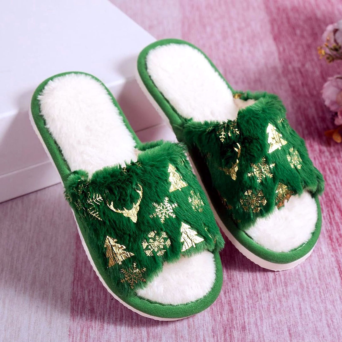 Golden Snowflake Fuzzy Slides worn at home